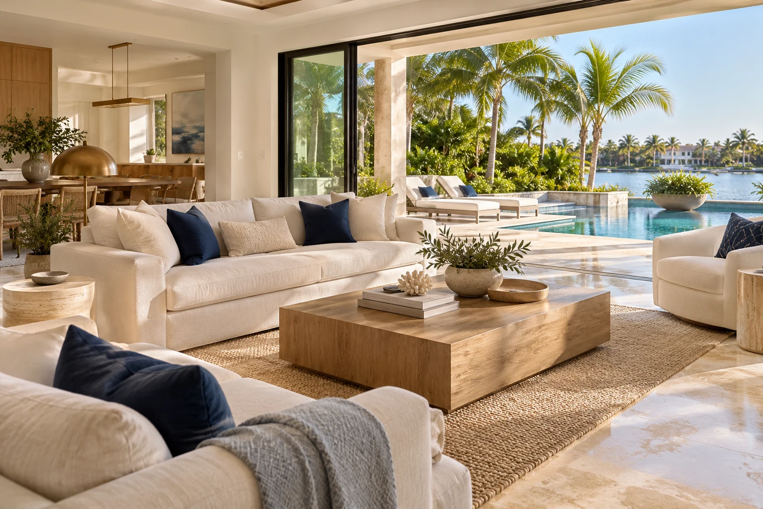 Illustrative Florida interior with a pool terrace